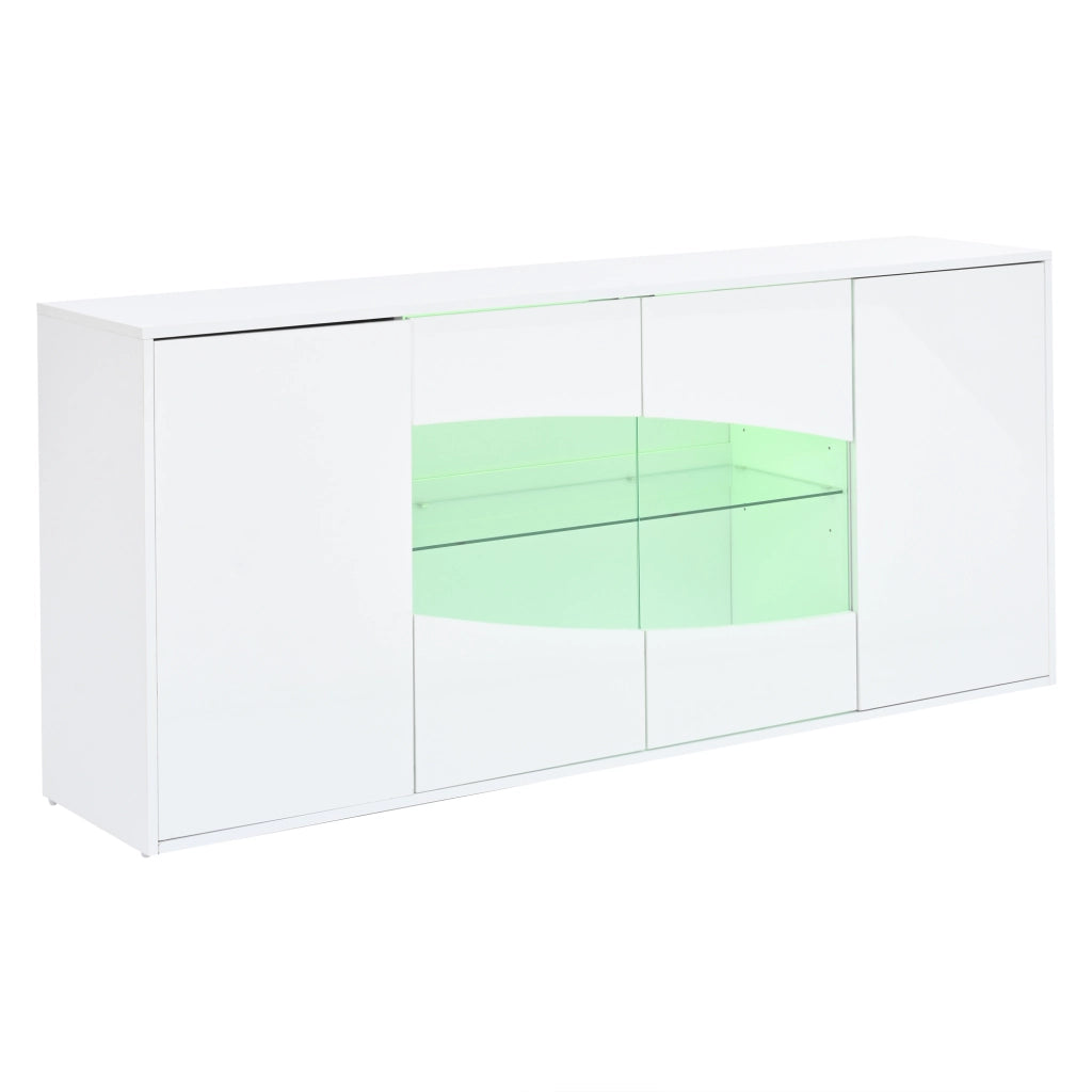 Credenza bianca lucida con illuminazione LED; 160 x 35 x 70 cm; quattro ante; MDF e vetro di sicurezza