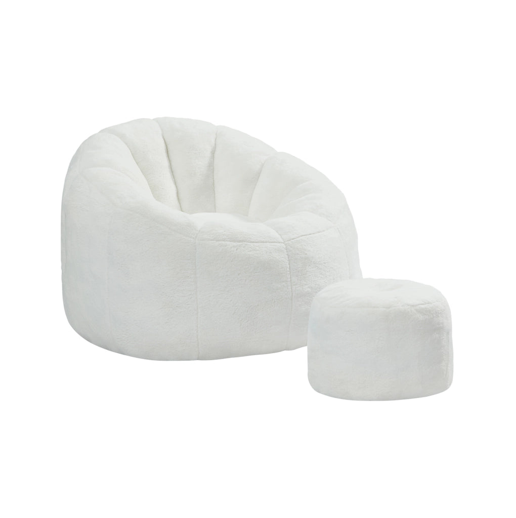 Poltrona a sacco ULEVR con poggiapiedi, design a fiore, rivestimento effetto pelliccia color bianco crema, 105x105x70 cm