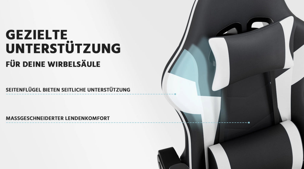 Sedia da Gaming Ergonomica con Supporto Lombare, Rivestimento in PVC Traspirante, Altezza Regolabile, Peso Massimo 90 kg, Nero e Bianco