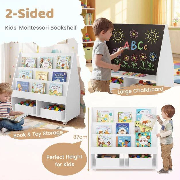 Libreria per bambini a doppio lato su ruote con lavagna e cubi aperti in MDF bianco salvaspazio 90 x 45,5 x 87 cm