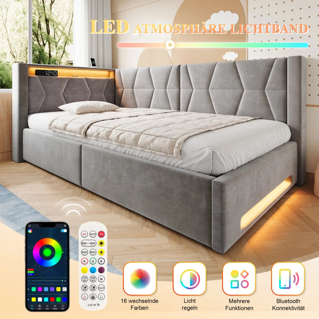 Letto singolo con contenitore 90 × 200 cm imbottito in velluto con LED USB Type-C e rete a doghe inclusa