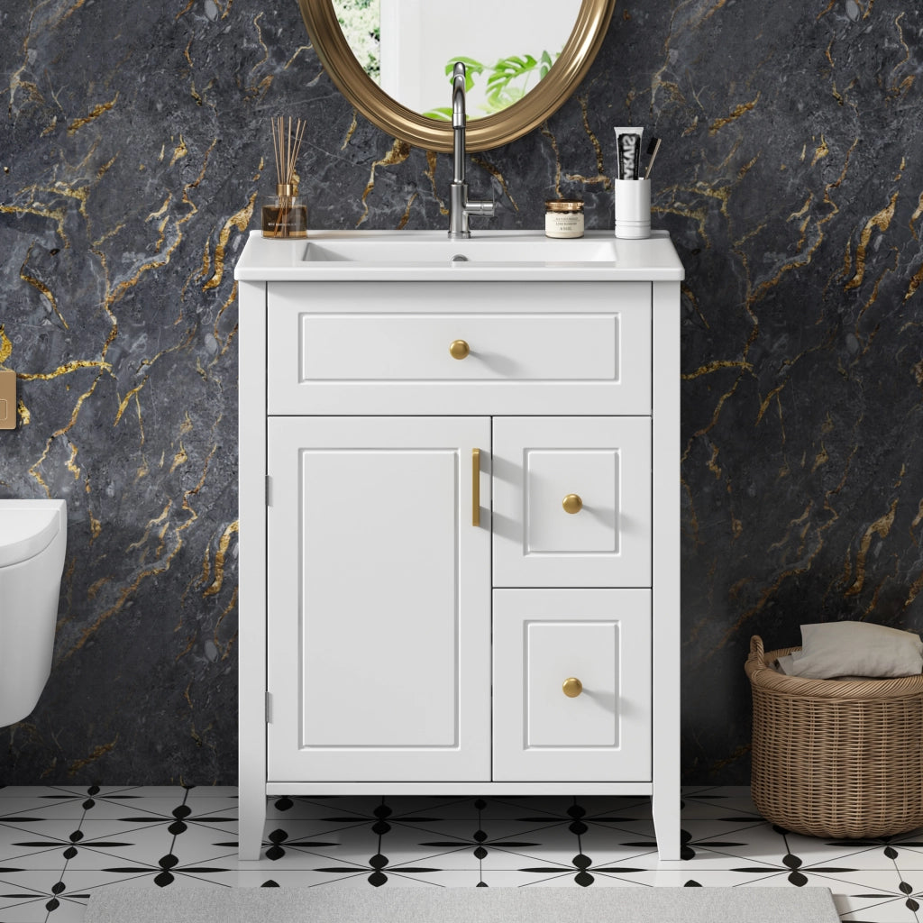 Mobile lavabo da terra 61 cm bianco lucido con lavabo in ceramica e maniglie dorate