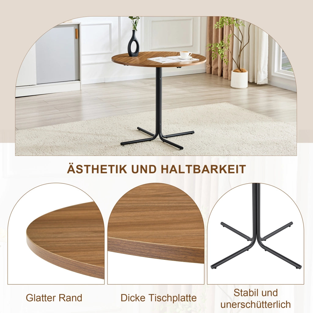 Tavolino da divano rotondo con piano in MDF effetto noce e struttura treppiede in metallo nero