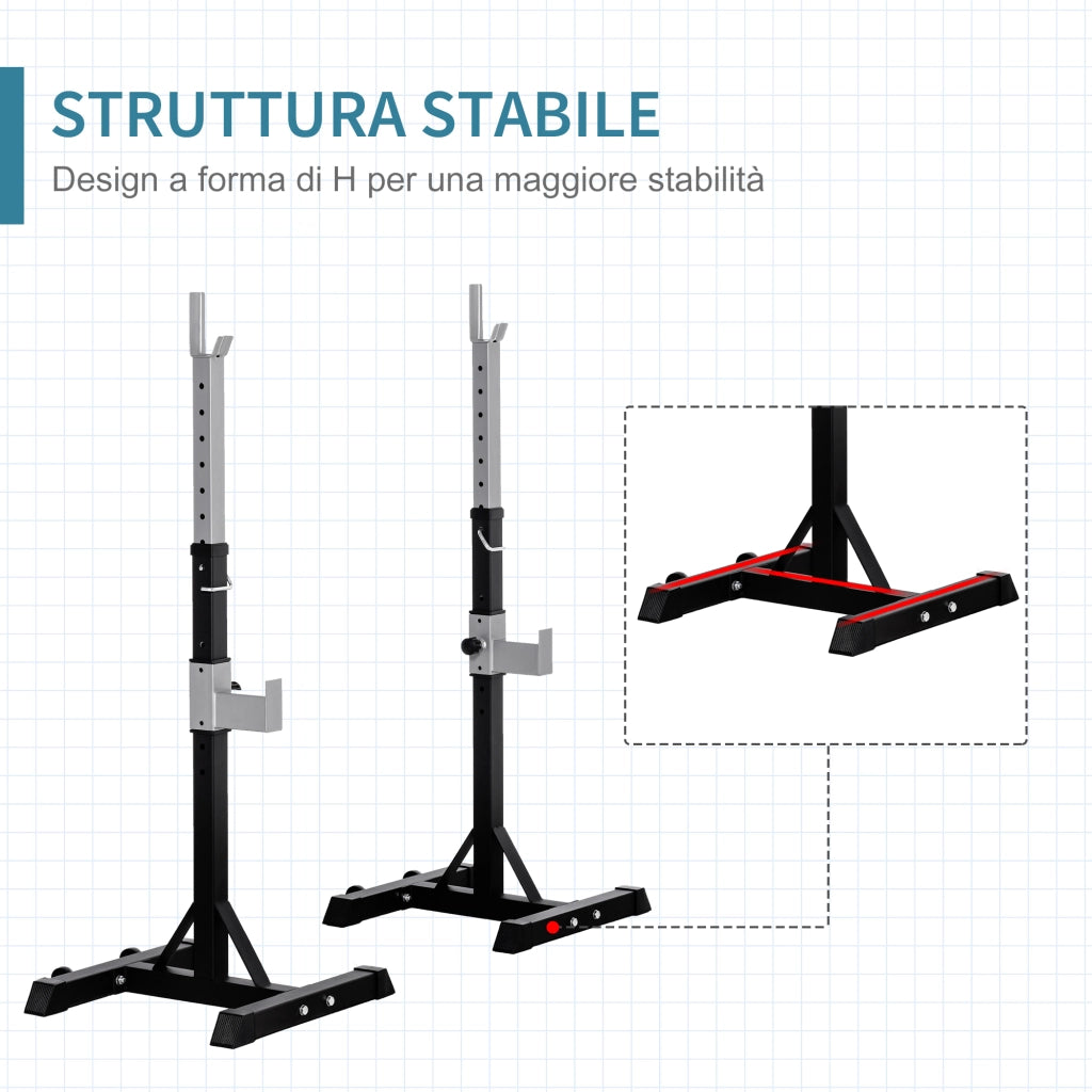 Set 2 Rack Porta Bilanciere in Acciaio Nero Supporto Regolabile Robusto per Casa 55x57x105-170cm 150kg