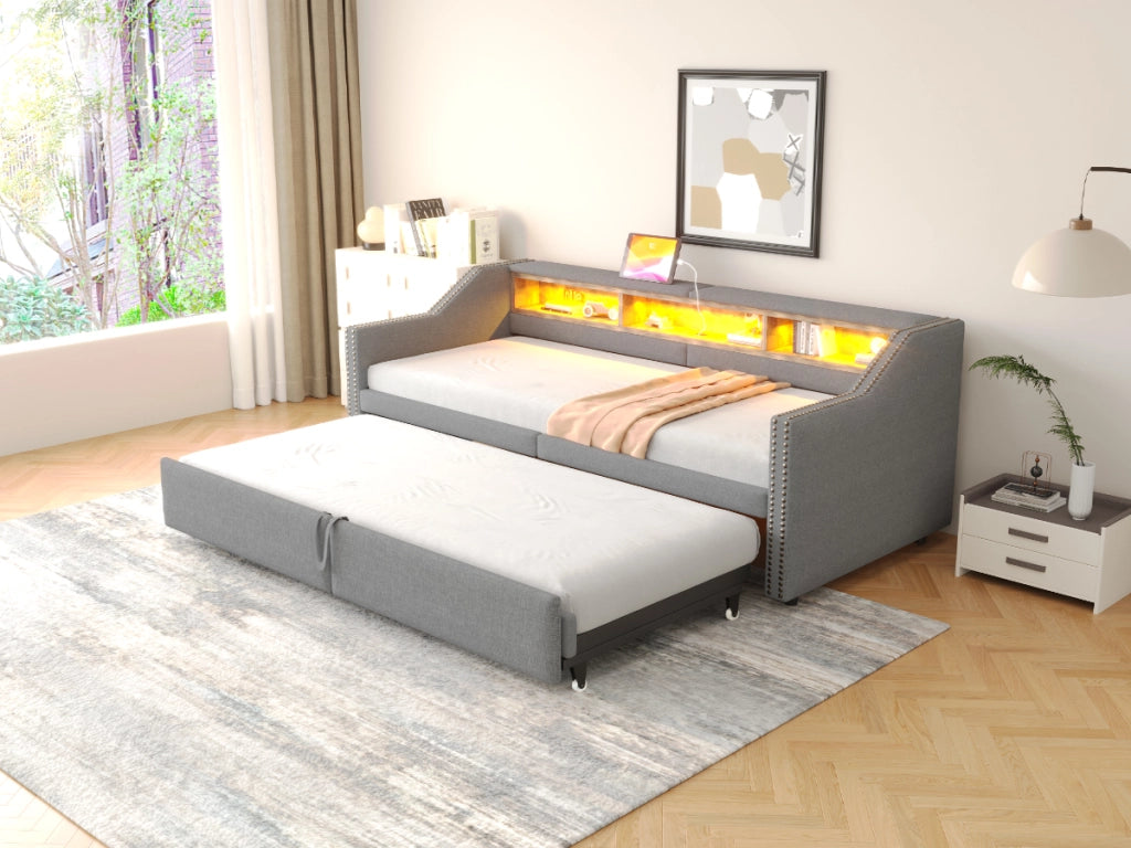 Divano letto imbottito estraibile con rete a doghe LED USB grigio chiaro con schienale e braccioli laterali