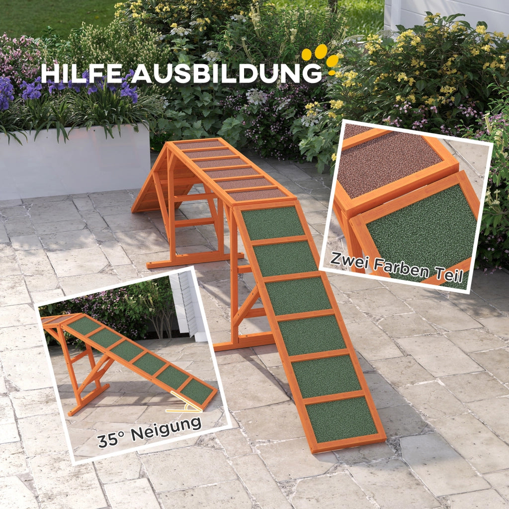 Passerella per agility cani con barra di sicurezza e superficie antiscivolo in legno arancione 325 × 55 × 69 cm