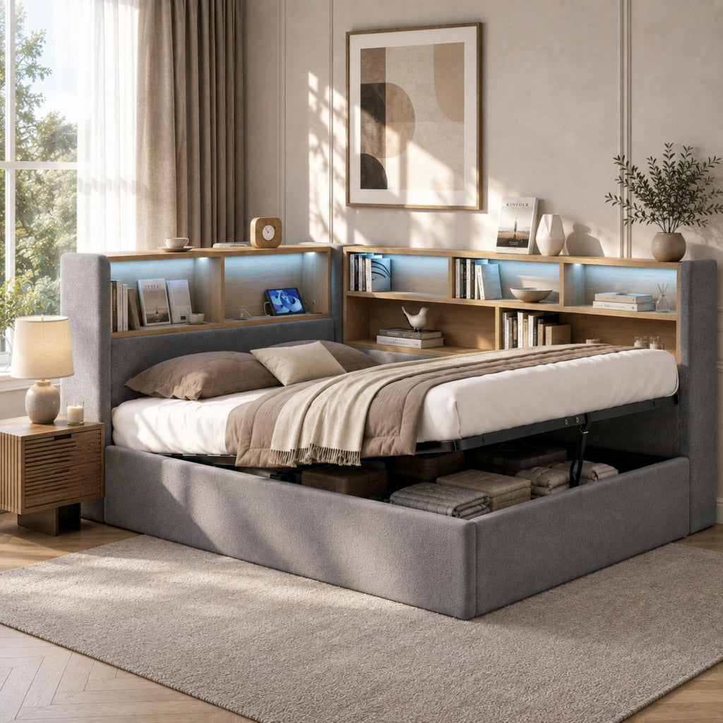 Letto imbottito con contenitore idraulico; LED e porte USB/Type-C in velluto grigio HOMVRA