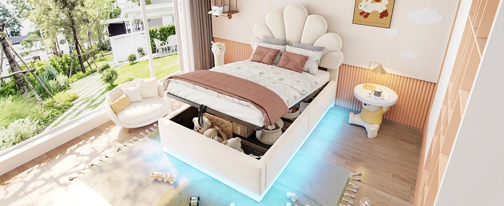 Letto contenitore 90 x 200 cm, testiera a fiore, contenitore idraulico, LED, velluto beige