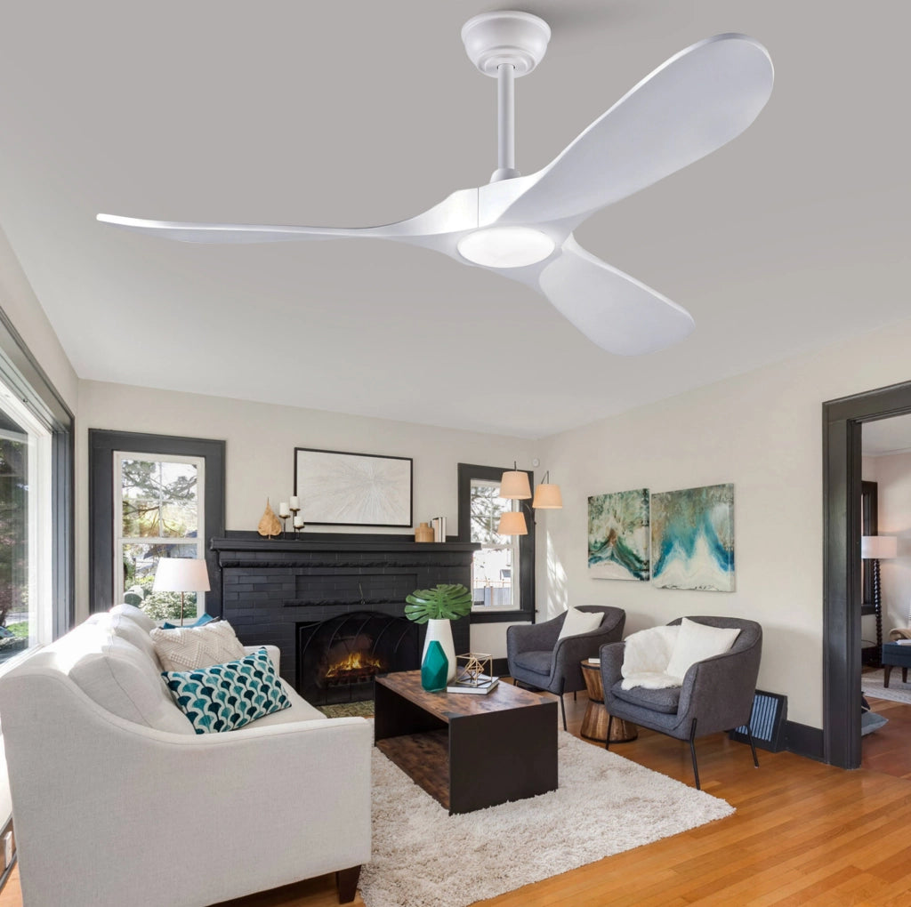Ventilatore da soffitto ULEVR 52" bianco con LED dimmerabile, 3 pale in legno massello e telecomando