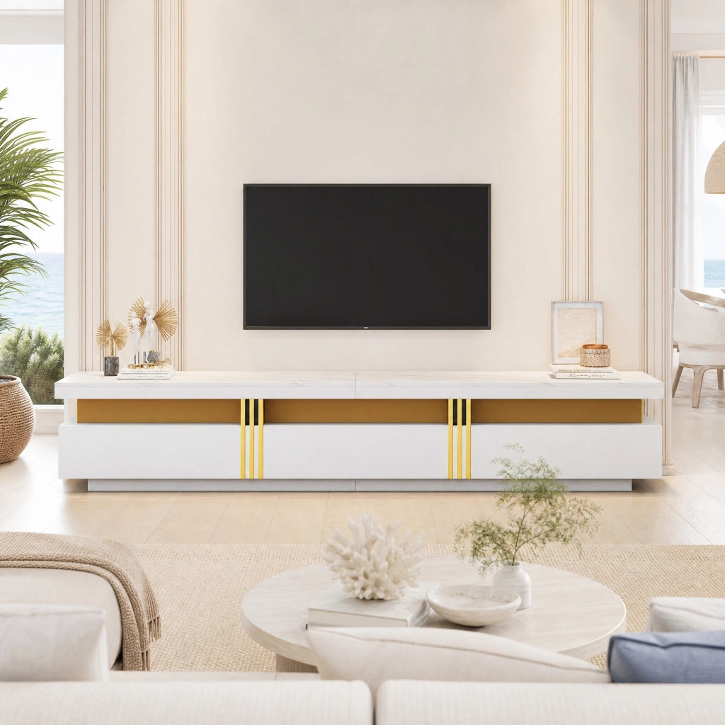 Set mobile TV e tavolino da caffè bianco; piano effetto marmo; 5 cassetti
