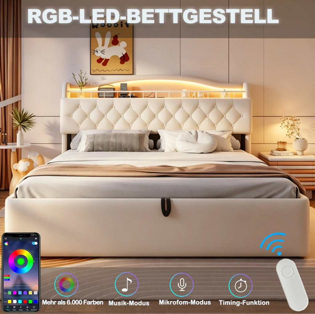 Letto imbottito 180x200 cm con contenitore idraulico e LED