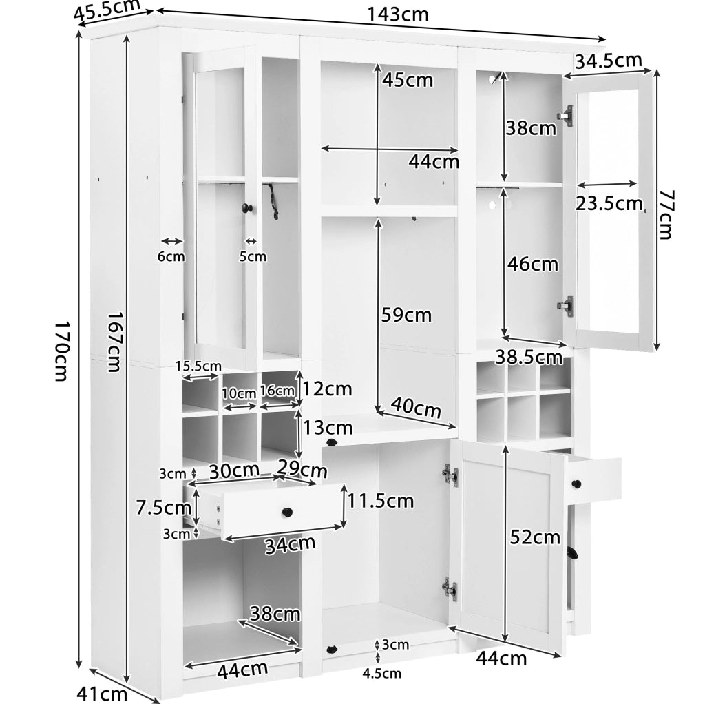 Vetrina ULEVR 143x45,5x170 cm con LED a 16 colori, 2 ante trasparenti, cassetti e vani portaoggetti, bianca