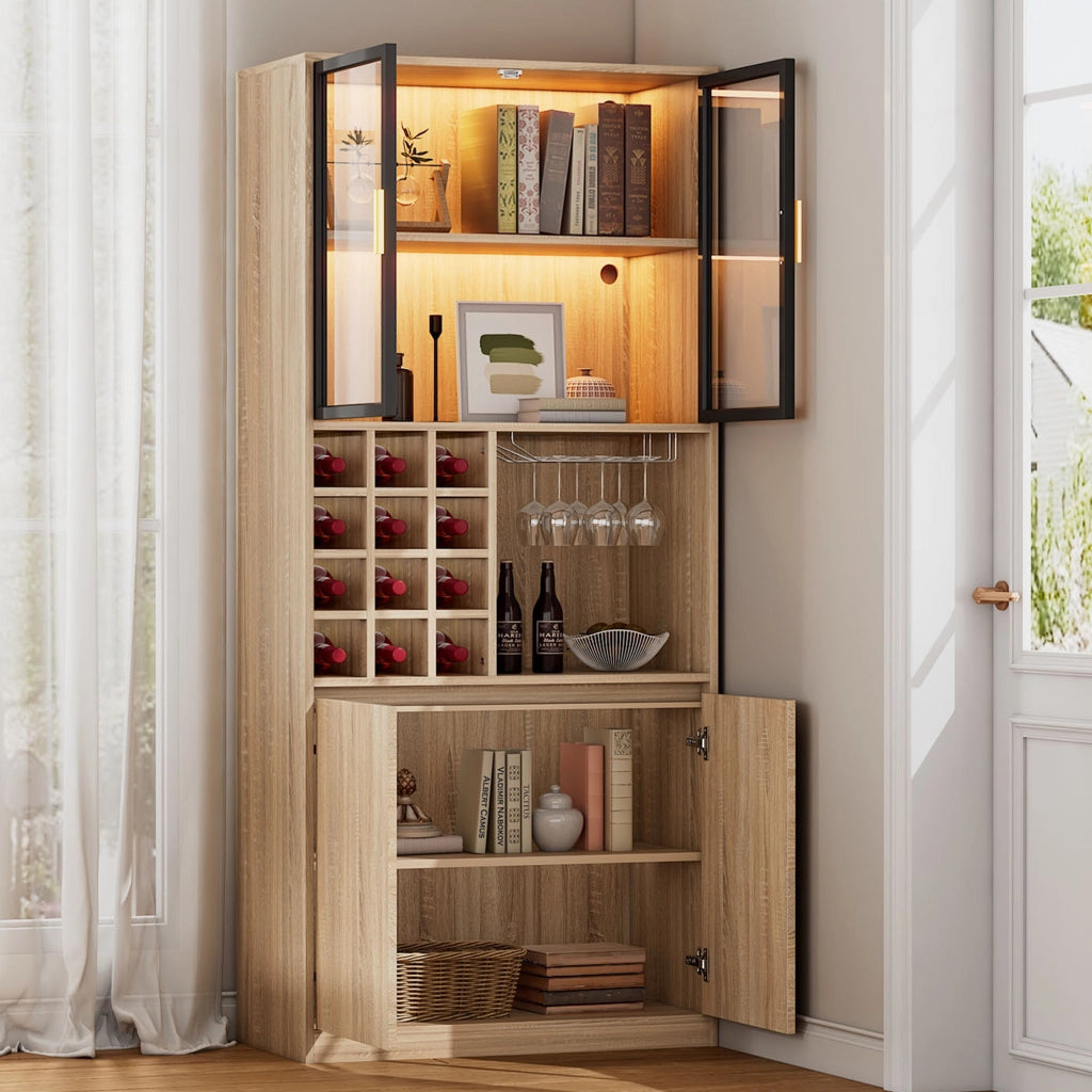 Vetrina con ante in vetro vani aperti e illuminazione a LED con portabicchieri removibile in MDF naturale