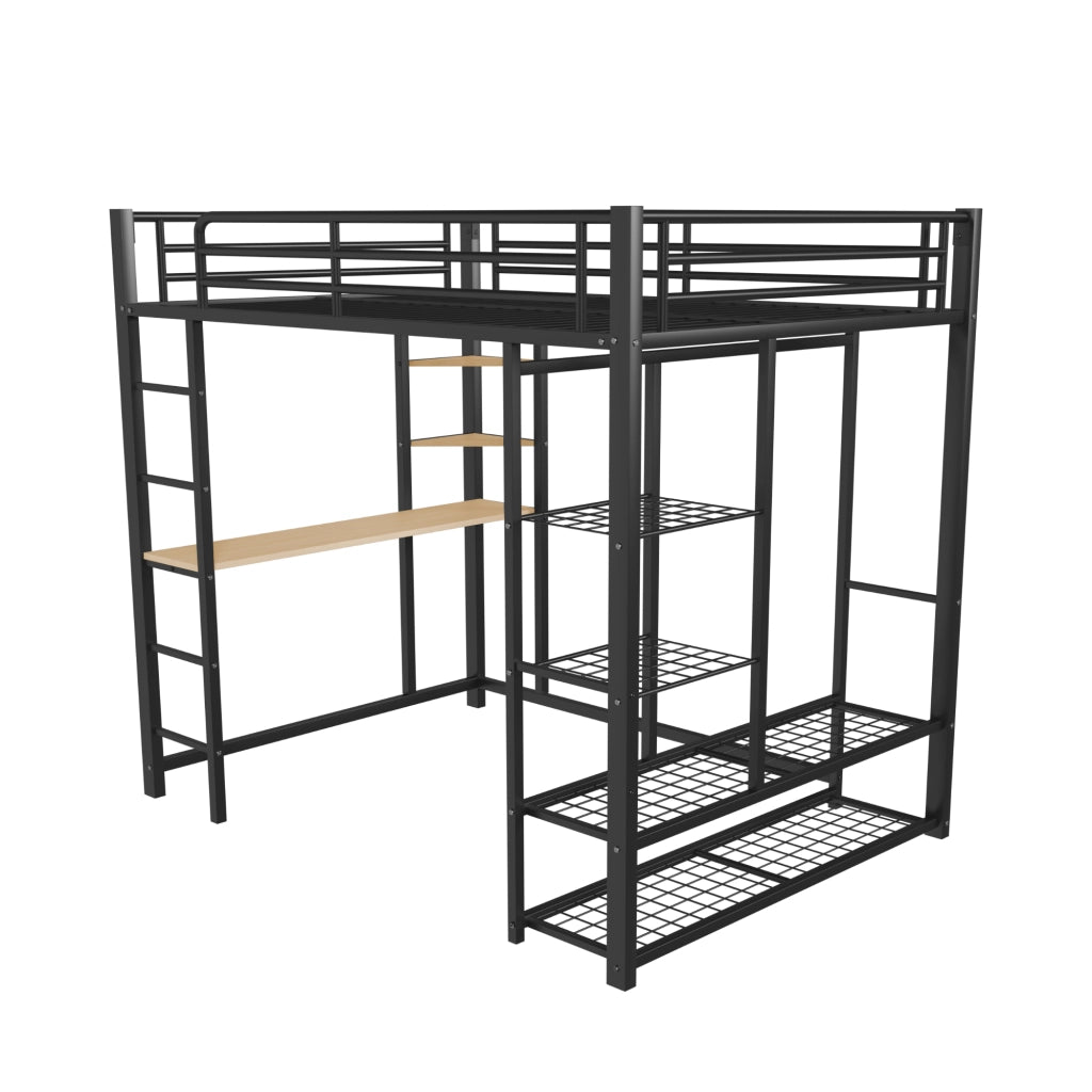 Letto a Soppalco 140x200 cm con Scrivania; Armadio e Ripiani Salvaspazio; Metallo Nero