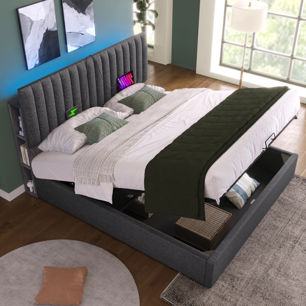 Letto matrimoniale imbottito 140 ¡Á 200 cm con contenitore LED USB Type-C in lino grigio con rete a doghe