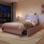 Letto per bambini 90 x 200 cm con 4 cassetti e LED via app, letto singolo in velluto con testiera contenitore, rosa, design moderno