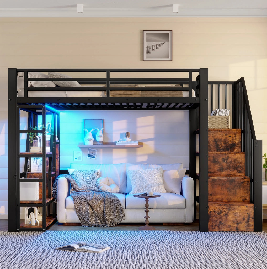 Letto a soppalco 90x200 cm con LED, scaffali e scala in metallo e MDF nero