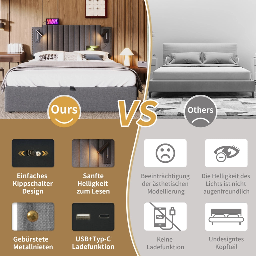 LETTO Contenitore 140x200 cm Grigio con testiera regolabile, luci lettura e USB
