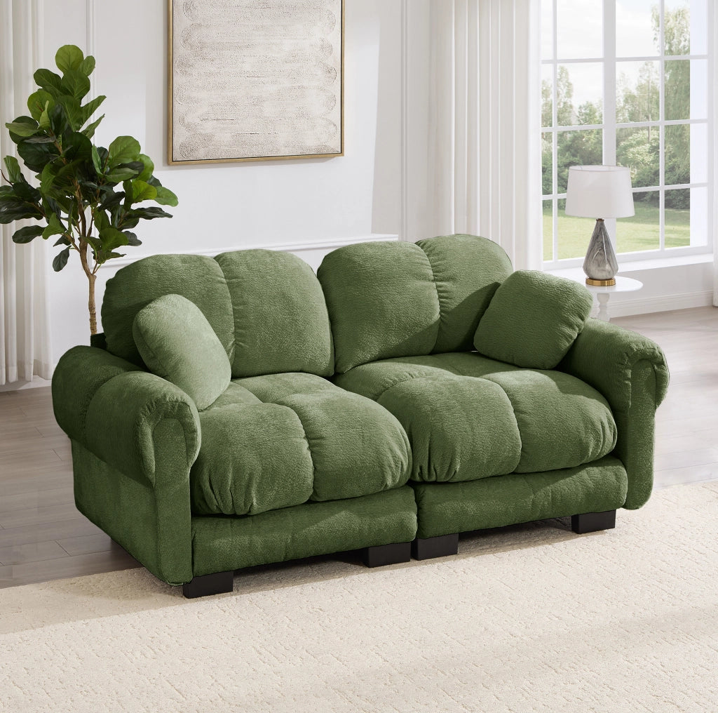 Divano 2 posti in Chenille verde con cuscini spessi e design modulare