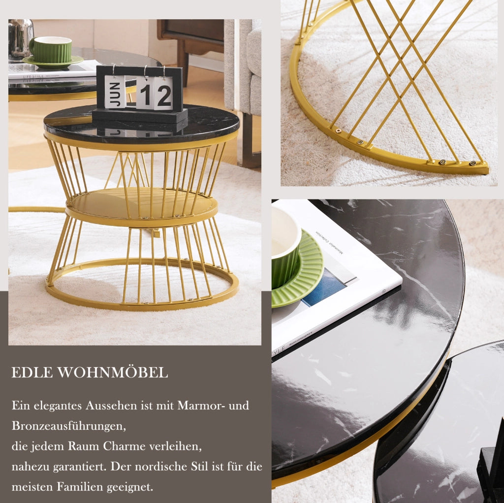 Set di 2 tavolini nesting rotondi in MDF effetto marmo nero; struttura oro