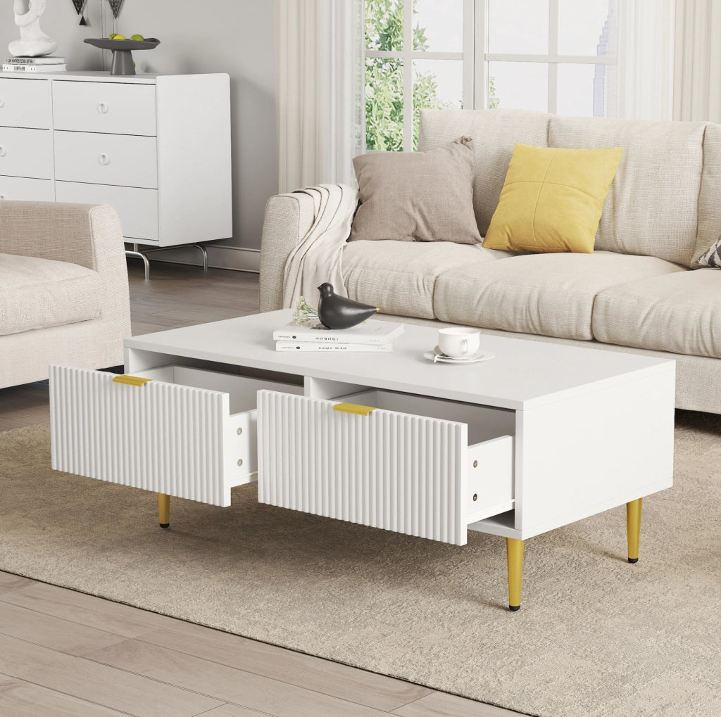 Tavolino da caff¨¨ 100x50x40 cm con 2 cassetti in MDF bianco e oro