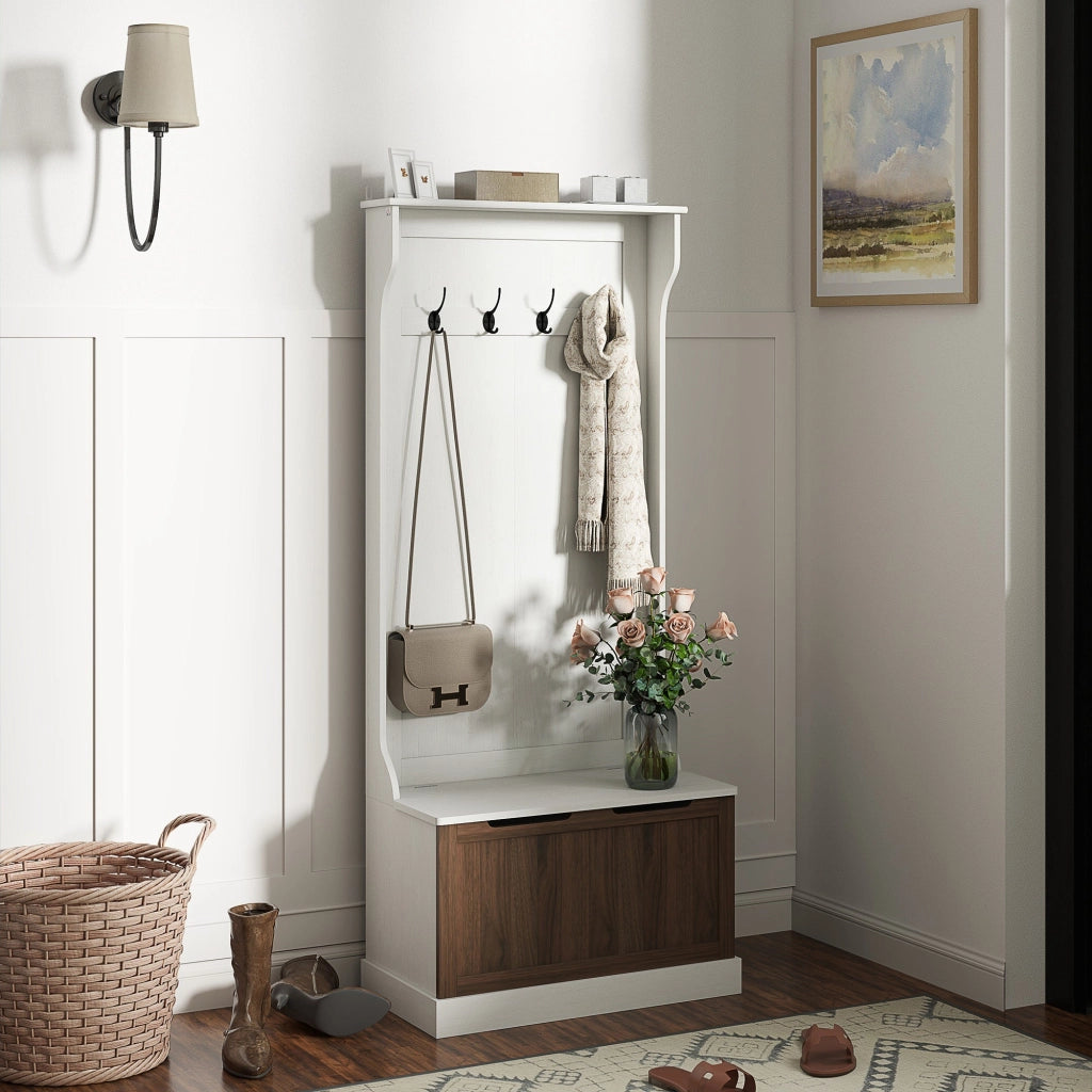 Mobile Appendiabiti 3 in 1 71,5x39,5x170 cm con 4 Ganci e Panca Contenitore in Legno Bianco