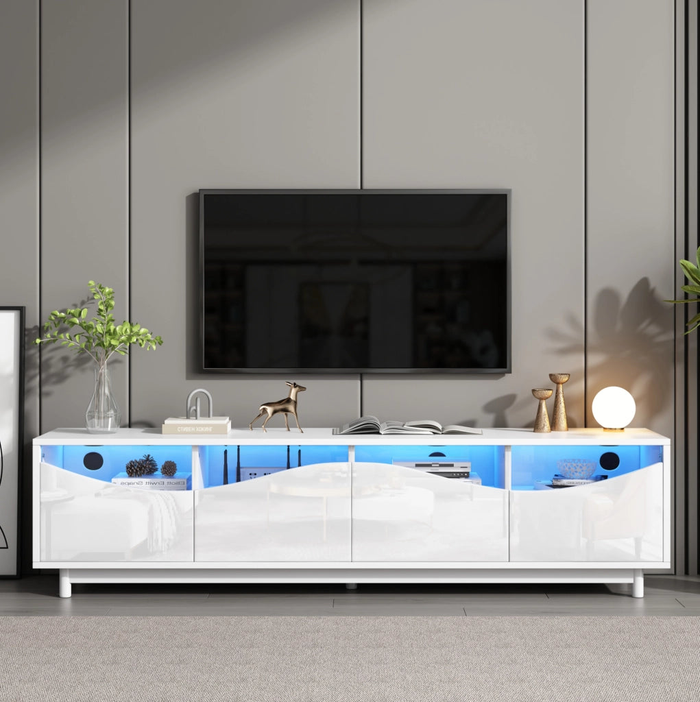 Mobile TV bianco lucido con LED e vetro temperato, 175 cm