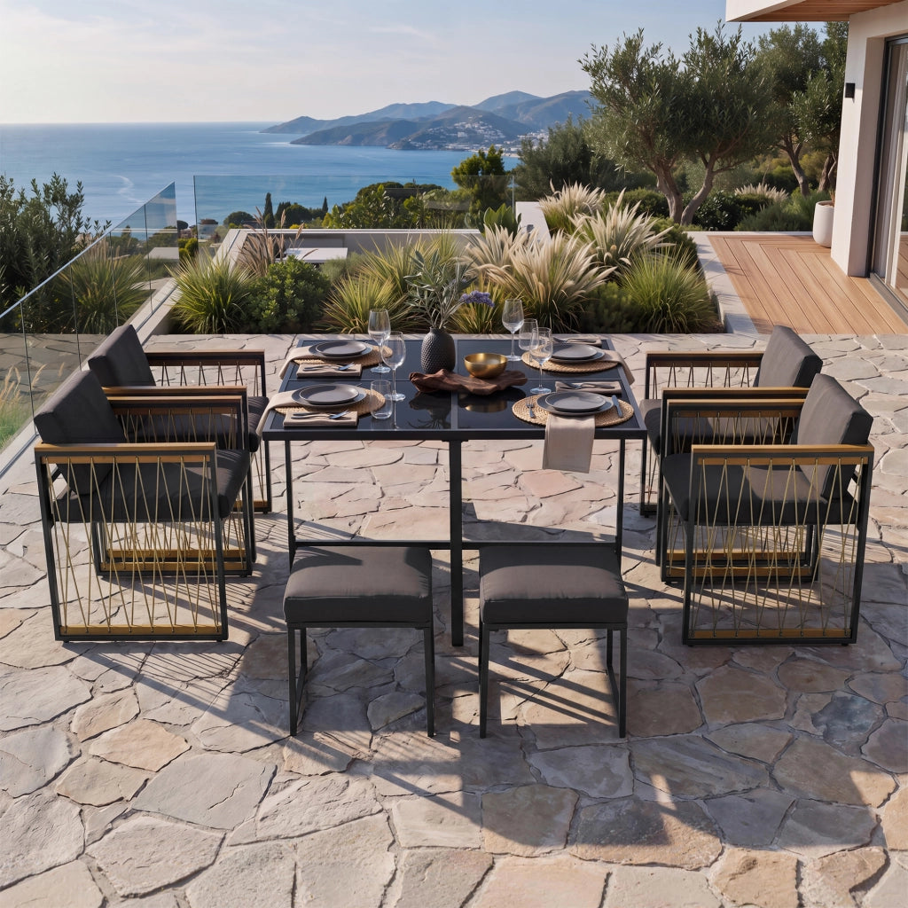 Set da pranzo da giardino 7 pezzi con tavolo da esterno 6 posti in vetro temperato nero e sedie con braccioli in legno composito