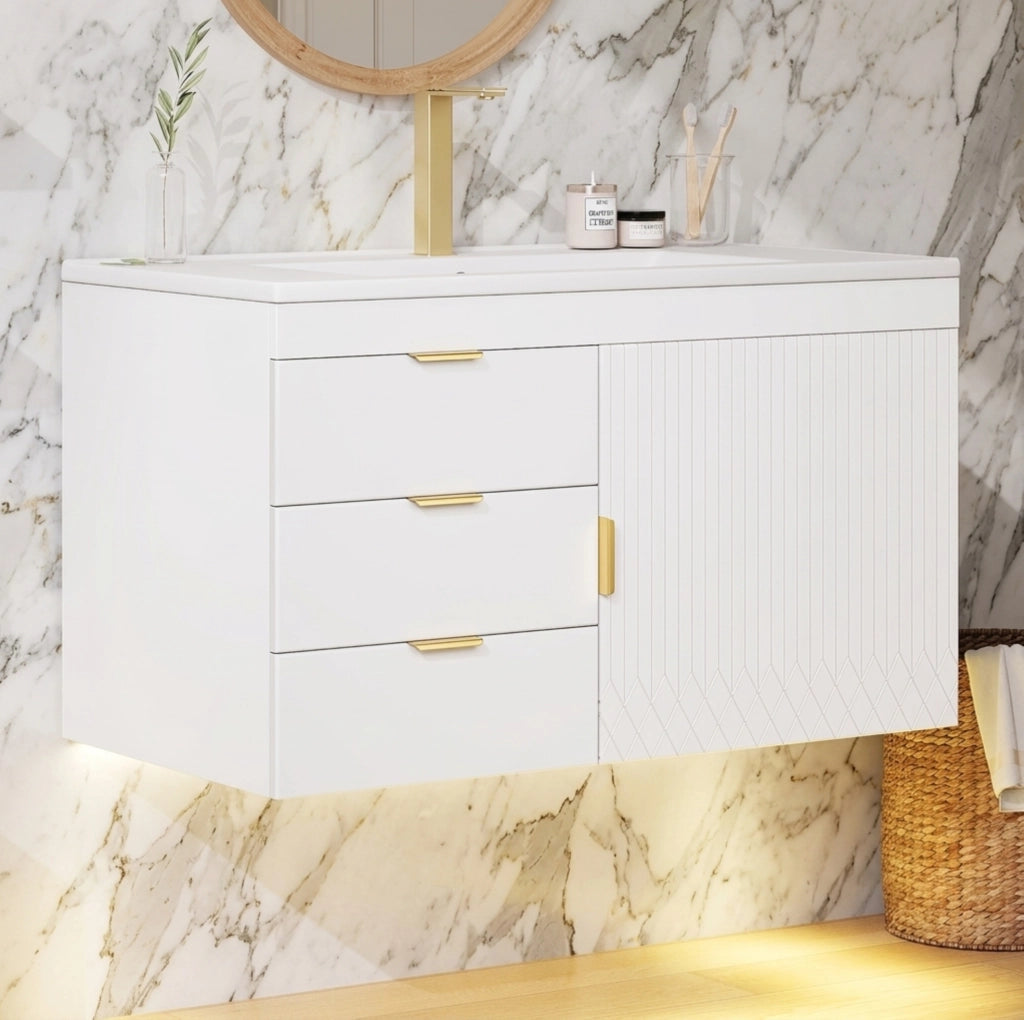 Mobile bagno sospeso 76 cm con lavabo in ceramica e LED smart bianco HOMVRA