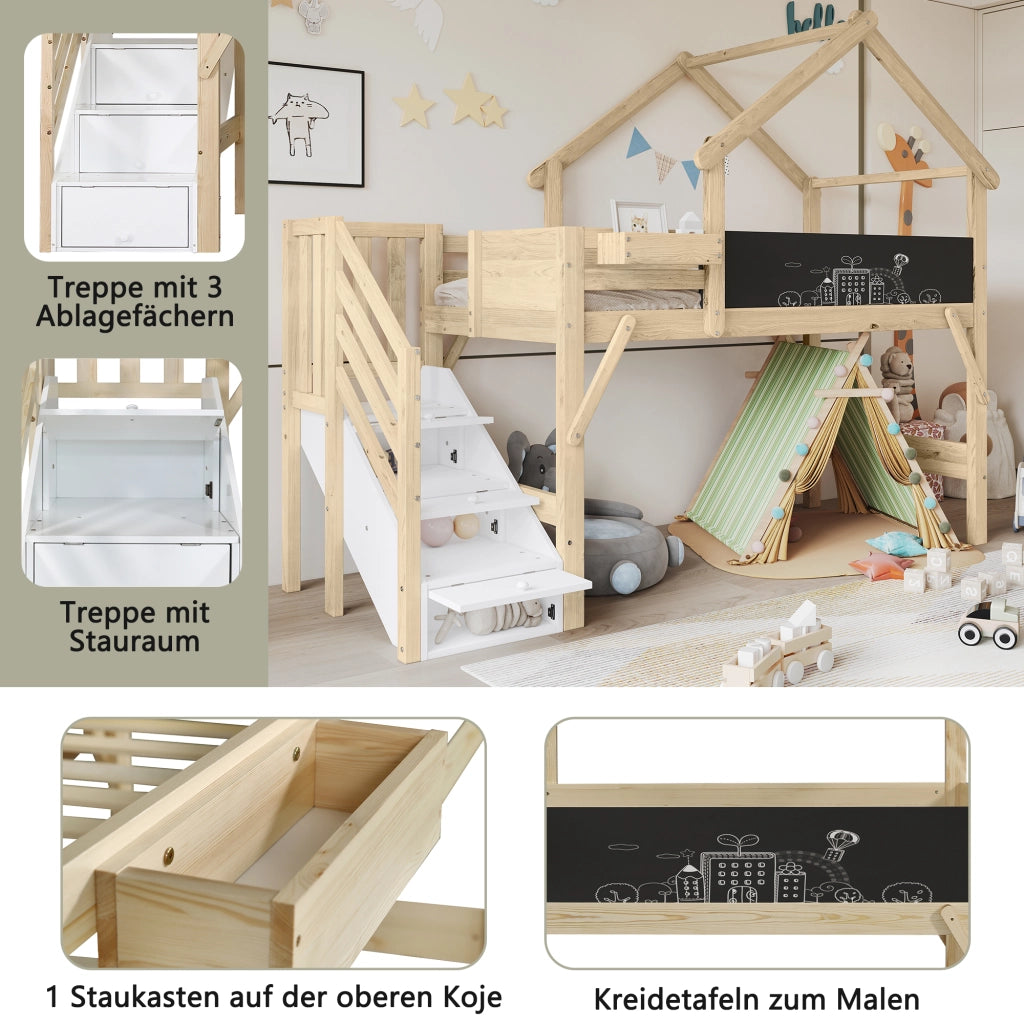 Letto a castello per bambini 90 × 200 cm con scala contenitore lavagna e tetto in legno bianco e naturale