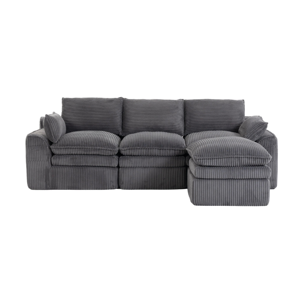 Divano modulare in velluto a coste grigio scuro con pouf