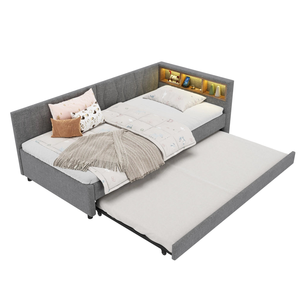 Letto daybed multifunzione 90x200 cm con letto estraibile; USB Type C; LED; grigio