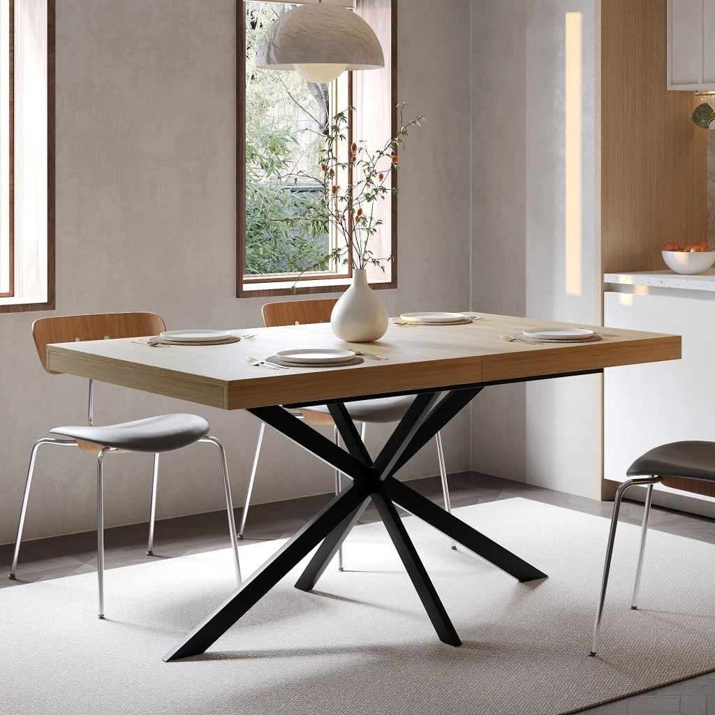 Tavolo allungabile da pranzo con vano contenitore piano in MDF naturale base in metallo nero 140-180 × 80 × 76 cm