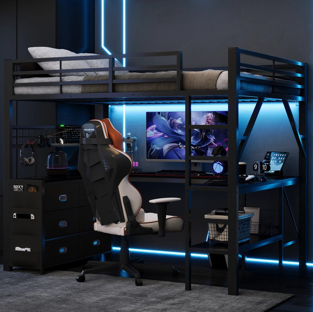 Letto a soppalco 140x200 cm con scrivania; 6 cassetti e LED nero HOMVRA