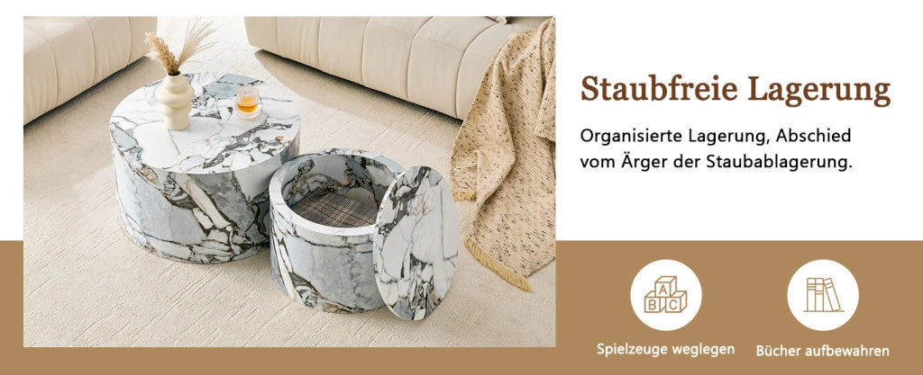 Set di 2 Tavolini Rotondi Nesting in MDF effetto legno con contenitore, diametro 62,8 cm e 44 cm