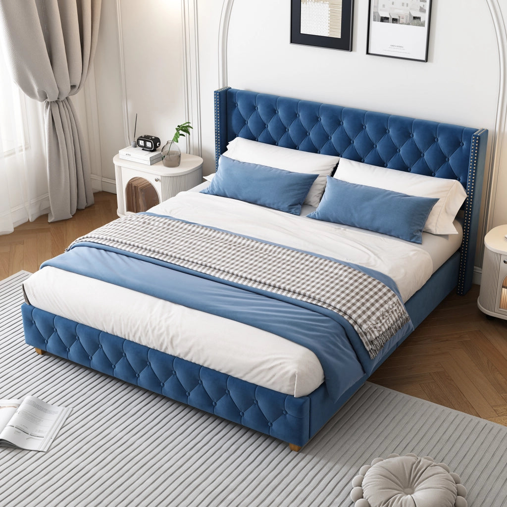 Letto imbottito 160 × 200 cm con rete a doghe testiera con bottoni rivestito in velluto blu