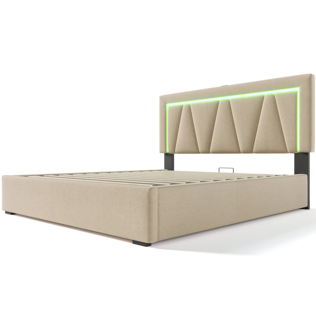 Letto imbottito LED 140x200 con porta USB e Type-C; contenitore; beige