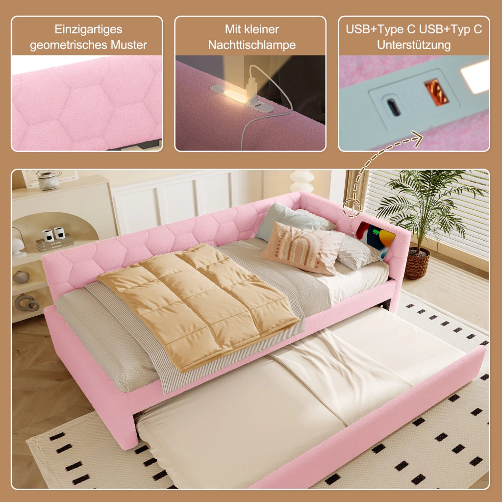 Letto con letto estraibile 90 × 200 cm con rete a doghe USB Tipo-C luce da comodino bouclé rosa