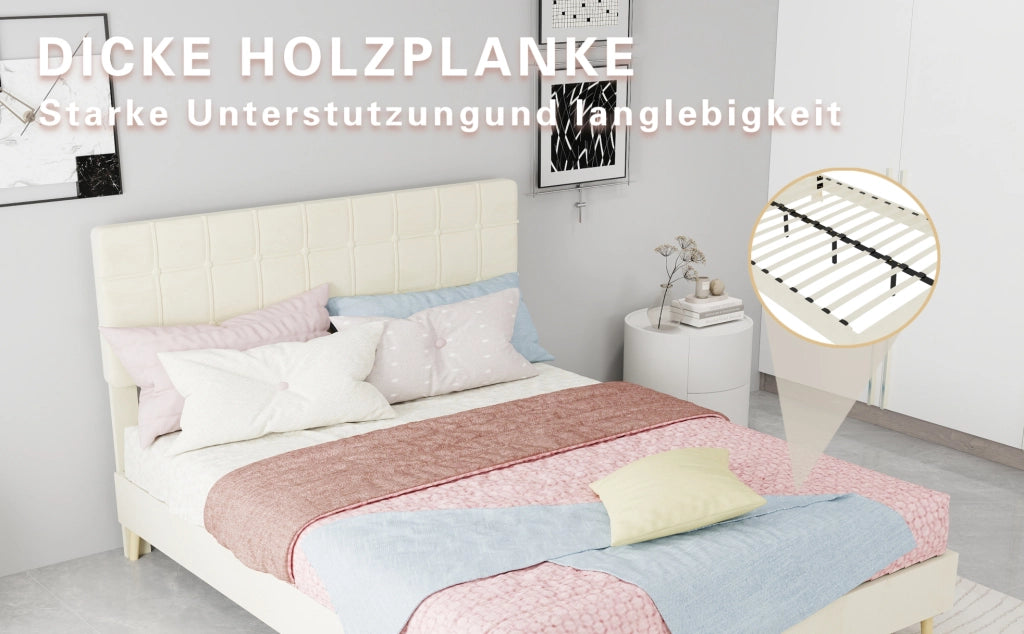 Letto matrimoniale grigio scuro in tessuto con testiera imbottita a quadri beige 140x200 cm, senza materasso