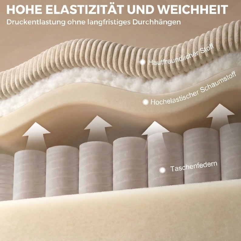 Divano modulare 3 posti in velluto a coste beige con pouf contenitore