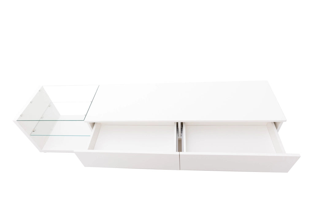 Mobile TV bianco lucido con LED regolabili e ampio spazio contenitivo, 170x38x36 cm