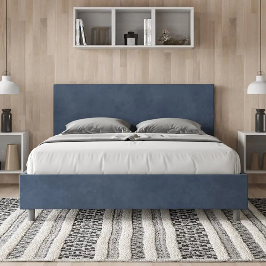 Letto matrimoniale con rete imbottito 160x210 microfibra blu Adele