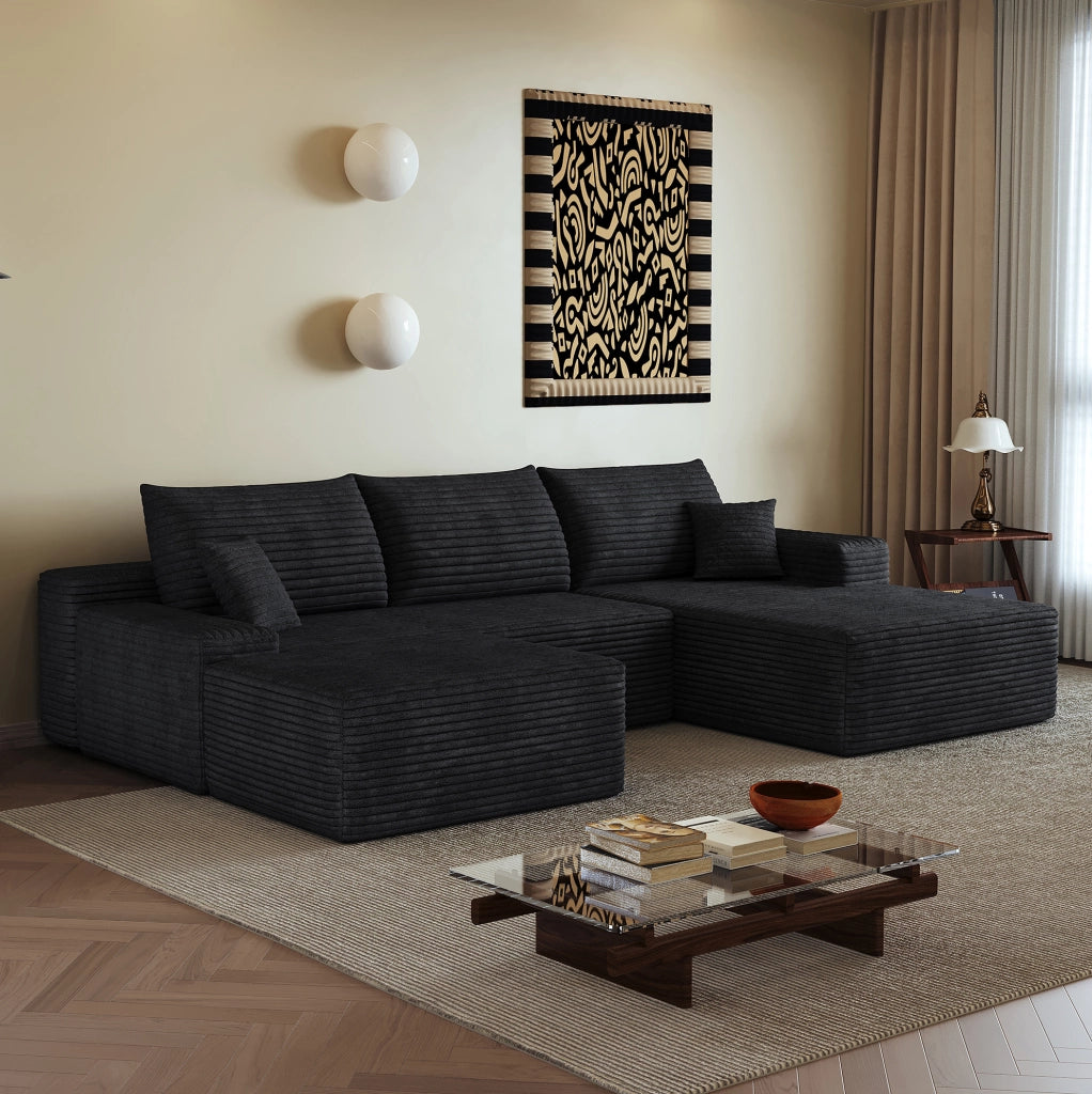 Divano modulare angolare da 270 cm con chaise longue a L in velluto a coste nero, senza montaggio