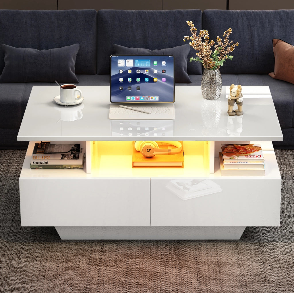 Tavolino da caffè lucido con LED; 2 cassetti; 90x55x41 cm; bianco