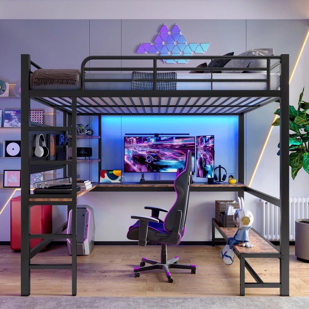 Letto a soppalco 140 × 200 cm con scrivania ripiani LED USB Type-C metallo e MDF nero
