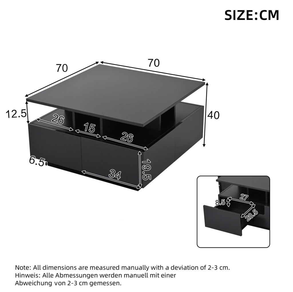 Tavolino da salotto nero lucido 70x70x40 cm con LED e 4 cassetti, design geometrico, capacità di carico 30 kg