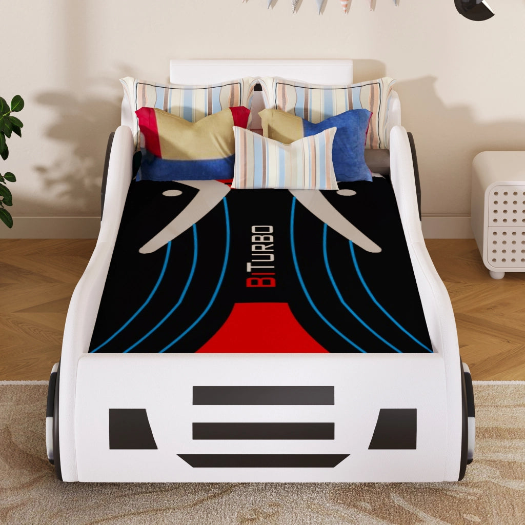 Letto per bambini a forma di auto 90x200 cm con rete a doghe e vano contenitore idraulico; MDF e PU bianco