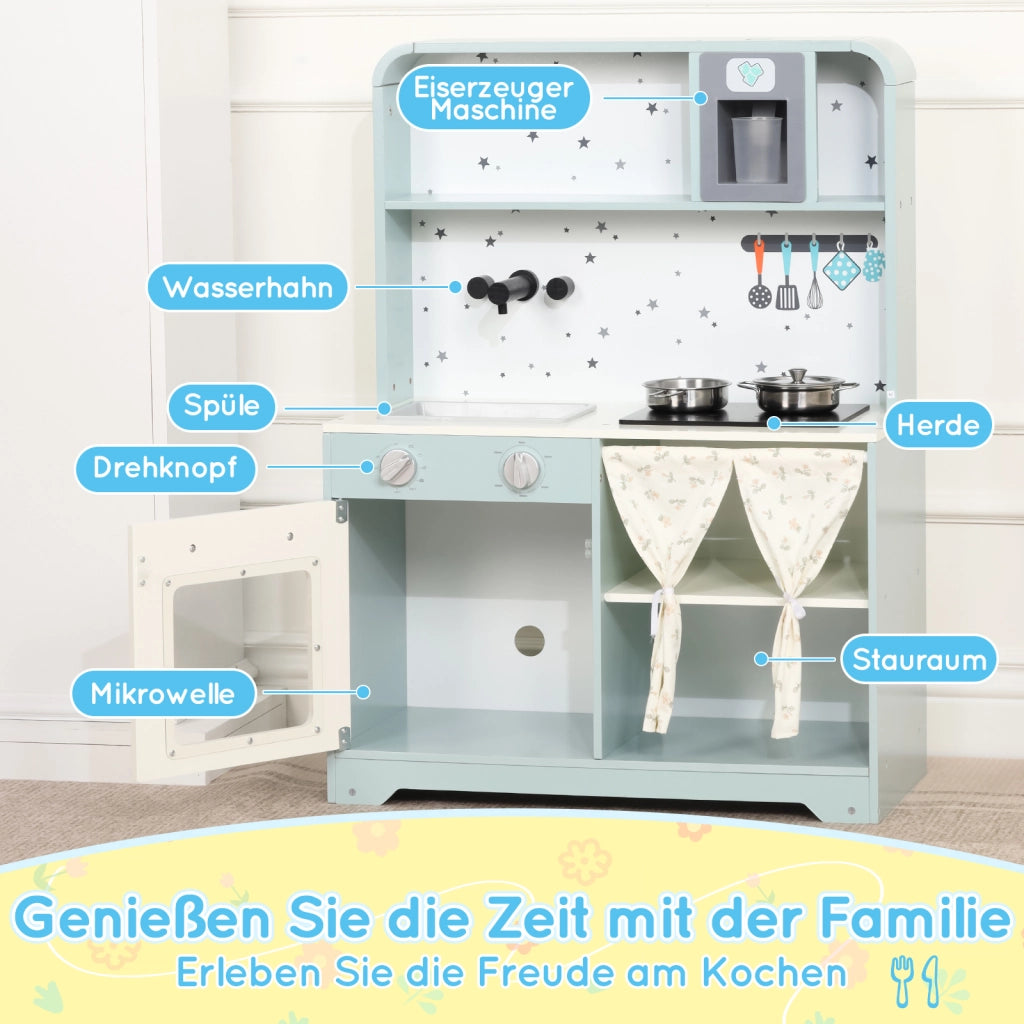 Cucina giocattolo per bambini con erogatore di ghiaccio; microonde e accessori; blu; 29 × 60 × 81 cm