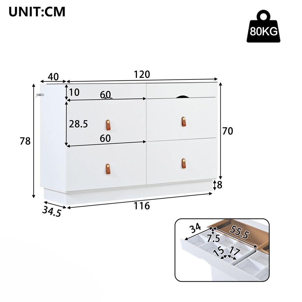 Cassettiera portagioielli 120x40x78 cm con 6 cassetti in truciolare e vetro bianco