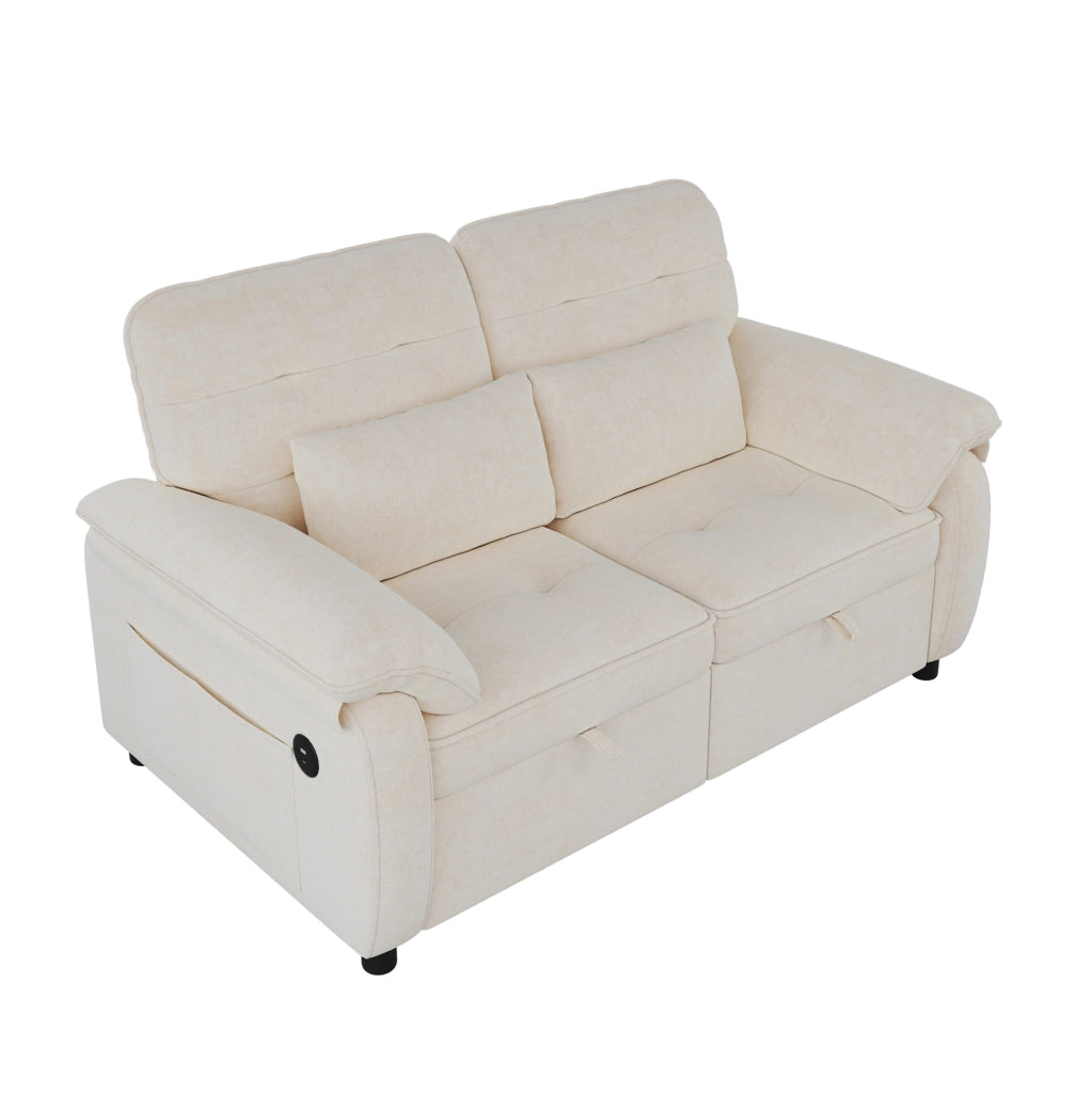 Divano letto 3-in-1 beige in tessuto chenille con schienale regolabile e porta USB, inclusi 2 cuscini, 2 posti